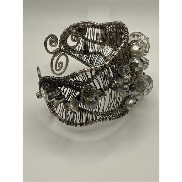 Artisan Cuff Bracelet Statement Runway Adjustable Silver Tone Wire Design - Picture 3 of 9